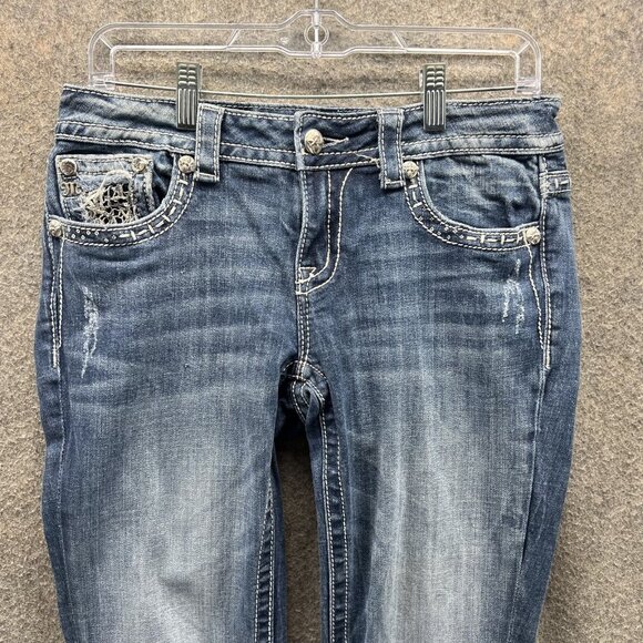 Miss Me Jeans Womens 28 Blue Easy Capri Distressed Embroidered Lace Denim Pants - Picture 2 of 12